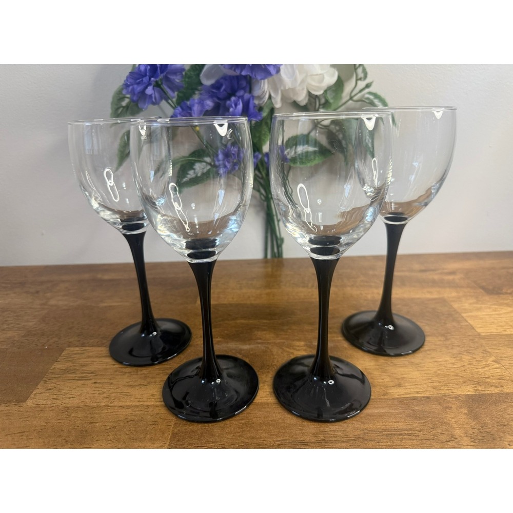 Luminarc France Wine Glasses Black Stem Clear Bowl Vintage French Glass Set